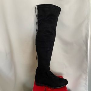 Thigh high lace back black boots low heel